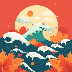 Obraz premium Japan autumn theme, leaves and waves, flat design illustration