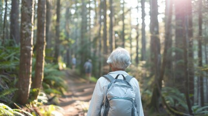 Naklejka premium Elderly Woman Hiking in Dense Forest During Daytime, Sunlight Filtering Through Trees, Connecting with Nature