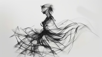Fototapeta premium Charcoal sketch of a fashion model, avant-garde dress with elaborate patterns, fluid lines capturing movement, sophisticated and edgy