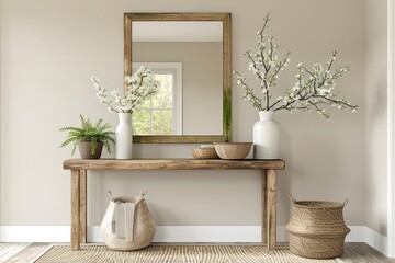 Modern entryway mockup with a console table and a large mirror.