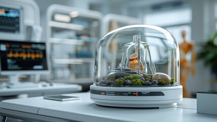 A futuristic medical pod scanning a patient's body with sensors and lasers, displaying a holographic visualization.