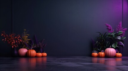 Halloween display podium with a dark background, purple lighting, and pumpkins, ideal for product promotions