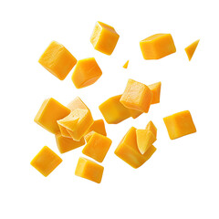 Mango fruits and slice cube flying on transparent background, cut out, Flat Lay, PNG 3D Digital Art.