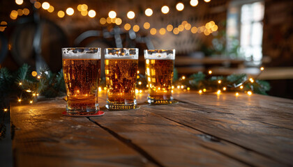 Many glasses of beer on wooden table at a beer festival, a wooden pub with light garland on the background, no people
