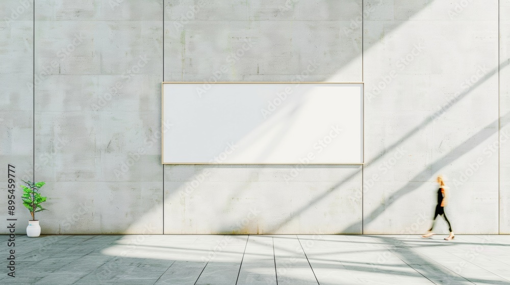 Aufkleber modern minimalist interior with empty soft white wall and blank frame people passing by in motion bl