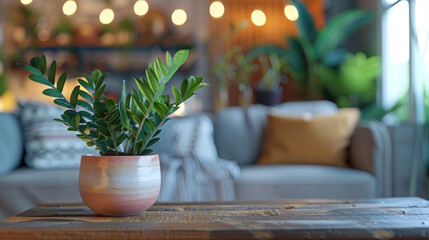 A Zamioculcas zamiifolia in a ceramic pot, placed on a rustic wooden table in a cozy living room with warm, ambient lighting and a homey atmosphere, captured in UHD 8k quality as a masterpiece 