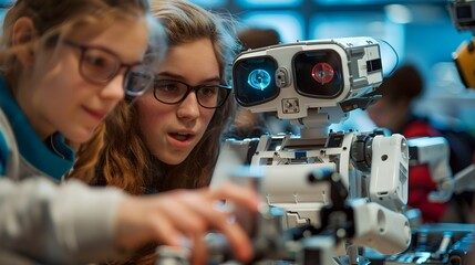 Engaging STEM Students Building Robots in Bright Wide Angle Classroom Setting