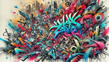 Abstract Urban Graffiti Art Colorful Splashes and Geometric Shapes.