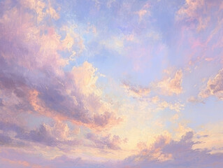 Light pink clouds in sunset blue sky. Pastel colors of clouds, sunrise sundown natural background