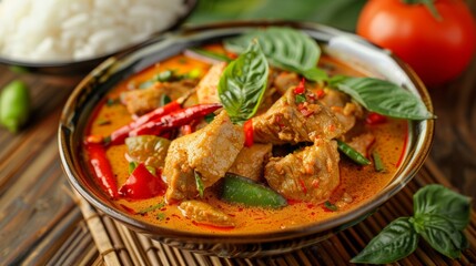 The national cuisine of Thailand. Red pork with curry. 