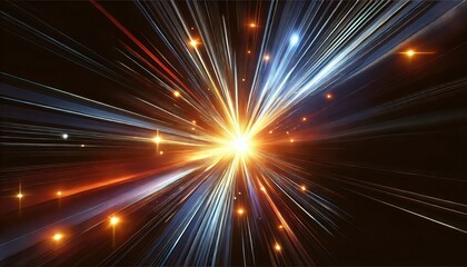 Abstract Background Golden Light Streaks and Glowing Stars on Black.