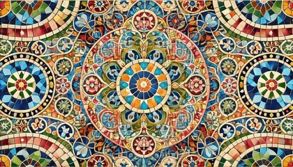 Colorful Mosaic Tile Pattern with Circular and Floral Designs.