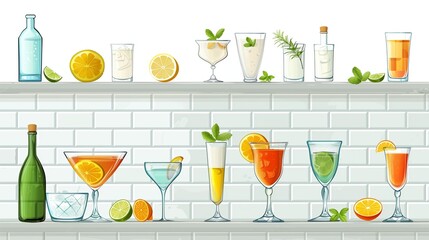 A vibrant and artistic illustration of a bar setup featuring an array of cocktails and bottles. 