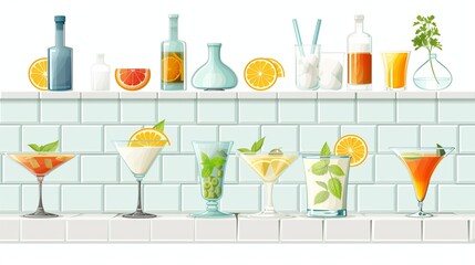 A vibrant and artistic illustration of a bar setup featuring an array of cocktails and bottles. 