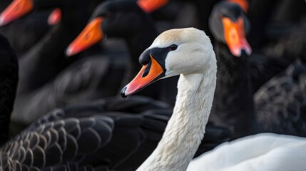 Fototapeta premium Close-Up of White Swan Among Black Swans, Symbolizing Distinctive Leadership