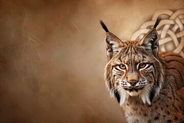 Obraz premium Close-up portrait of a majestic lynx against a soft, warm background, showcasing its striking features and intense gaze.