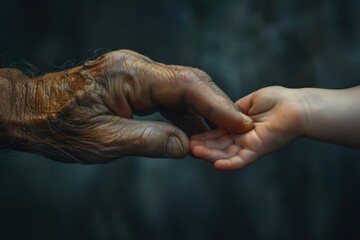 Fototapeta premium Weathered hand holding a newborn's tiny hand.