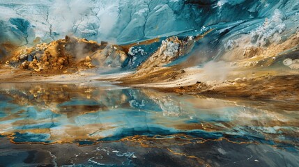 A geothermal area with steam vents creating a dramatic natural landscape. 