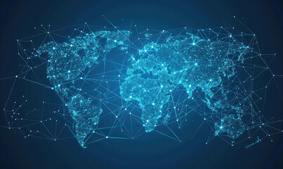 Obraz premium A low-poly map of the world. A grid of lines and points. Blue background.