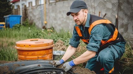 Professional Cleaning of Septic Tank by Man for Sewage Service