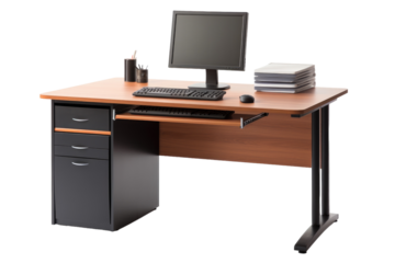 Rustic Computer Table with Drawers for Storage Isolated on Transparent Background