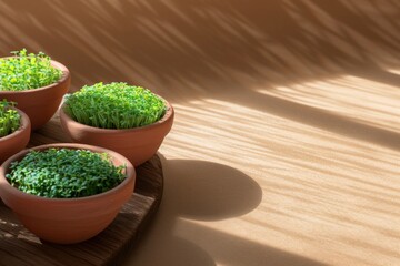 Top View of Microgreens in Pots on Rustic Wooden Table in Natural Light - Fresh, Vibrant, Healthy Indoor Gardening Scene