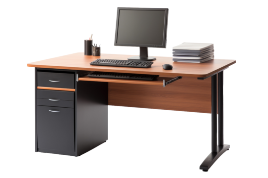 Rustic Computer Table with Drawers for Storage Isolated on Transparent Background