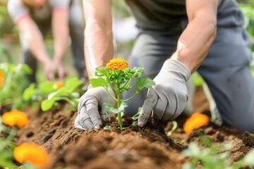 Fototapeta premium A gardener plants a vibrant marigold flower in rich soil, showcasing dedication and love for nature in a sunny garden.