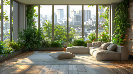 Naklejka premium Window in Cozy Living Room with Armchair and Wooden Floor