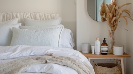 Male Consumer Relaxing in Minimalistic Bedroom with Mens Skincare Products on Bedside Table in Natural Morning Light