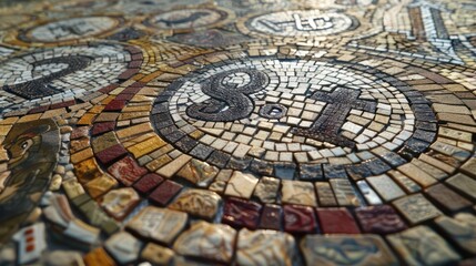 Obraz premium close-up of a handcrafted mosaic depicting various financial symbols and budgetary terms, embedded in a public square