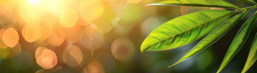 Fototapeta premium A vibrant green leaf illuminated by gentle sunlight, creating a serene and peaceful atmosphere in nature.