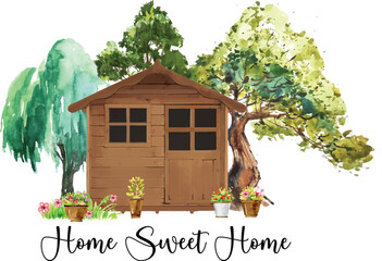 Playhouse Watercolor illustration with trees and flowers, watercolor house, kids play house vector