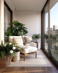 Fototapeta premium Beautiful balcony or terrace with wooden floor, chair, green potted flowers plants city background