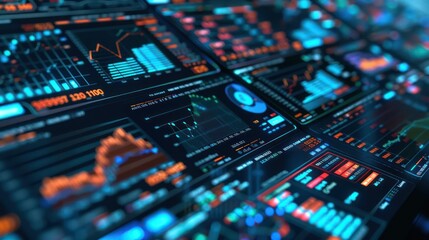 Fototapeta premium close-up of a modern, high-tech financial terminal with streaming data and analytics, displayed on multiple overlapping screens