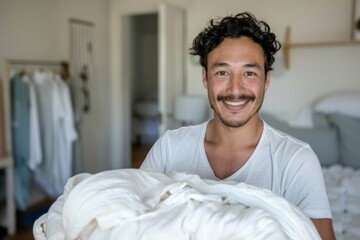 Cheerful Hispanic Young Adult Man Folding Laundry in Bright Sunlit Living Room, Emphasizing Daily Life and Home Care