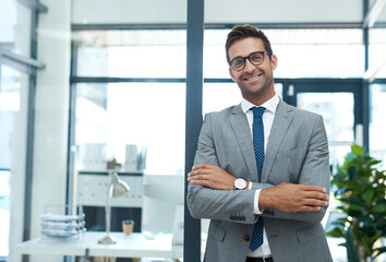 Fototapeta premium Crossed arms, confident and portrait of businessman in office with ambition for finance career. Happy, corporate and male financial specialist with pride for company revenue and wealth management.