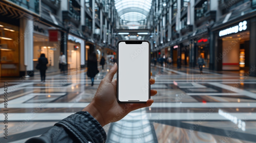 Poster detailed pov capture showing a hand holding a mobile phone with a blank white screen in an online sh