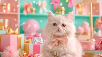 Adorable Ragdoll Cat With Pink Bow Among Colorful Gifts