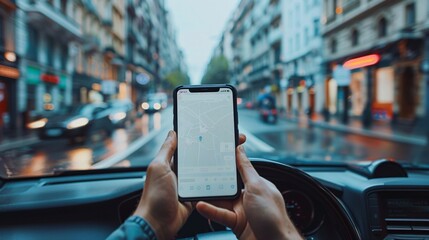 Detailed POV capture of a hand holding a mobile phone with a blank white screen open to a ride-sharing app interface Stock Photo with copy space