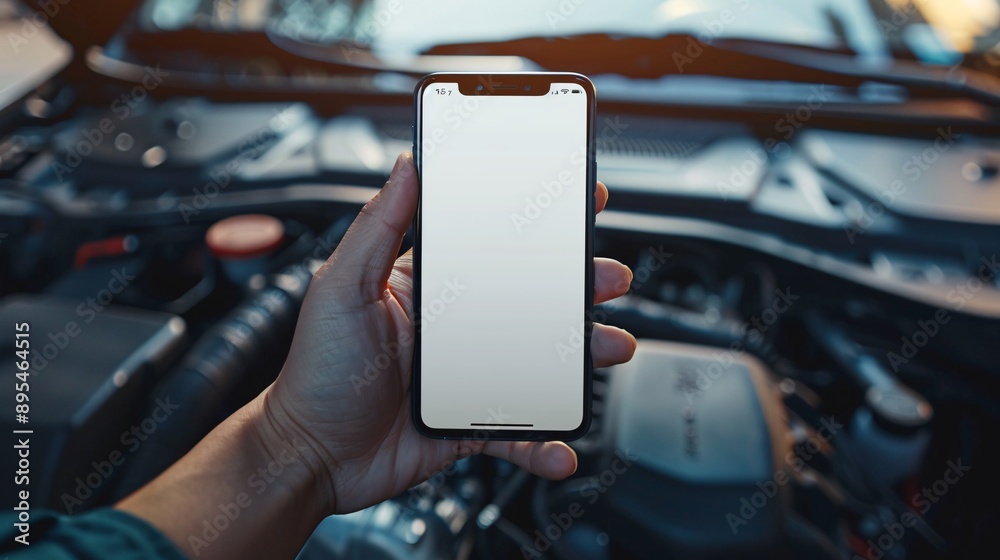 Poster realistic pov capture of a hand holding a mobile phone with a blank white screen near an open car ho