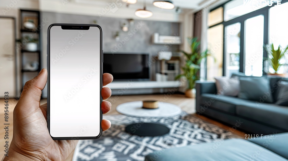 Poster realistic pov capture of a hand holding a mobile phone with a blank white screen in an online shoppi