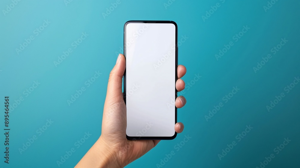 Poster POV image of a hand holding a mobile phone with a blank white screen open to a mobile banking app interface Stock Photo with copy space