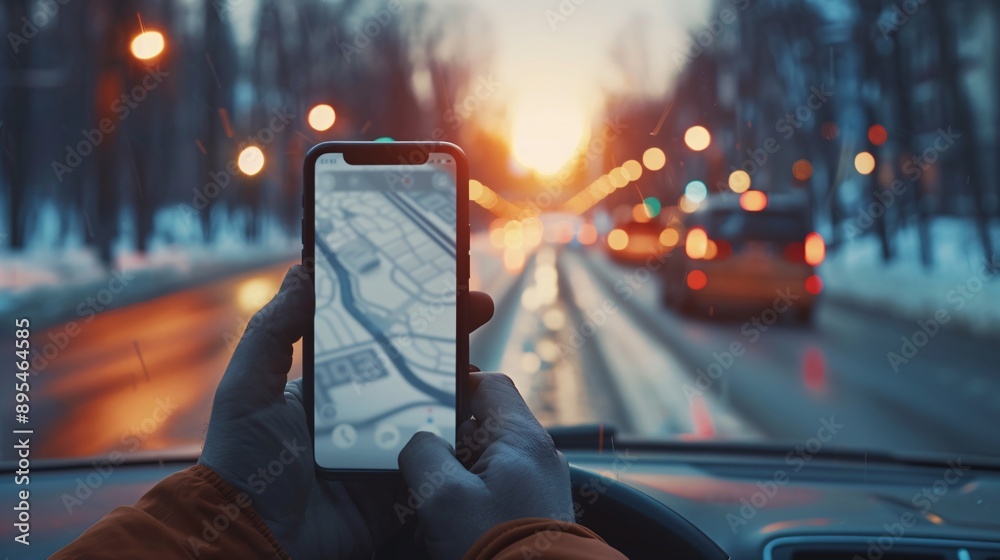 Poster Realistic POV capture showing a hand holding a mobile phone with a blank white screen open to a ride-sharing app interface Stock Photo with copy space