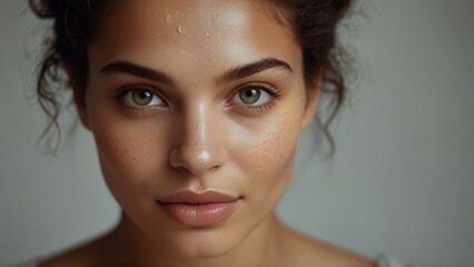 close up of appealing woman looking at camera with contact lense on her eyes. Very perfect eye brow. Natural skin care concept.