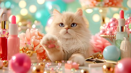 Adorable Ragdoll Cat Enjoying a Paw Pedicure Amidst Colorful Cosmetics