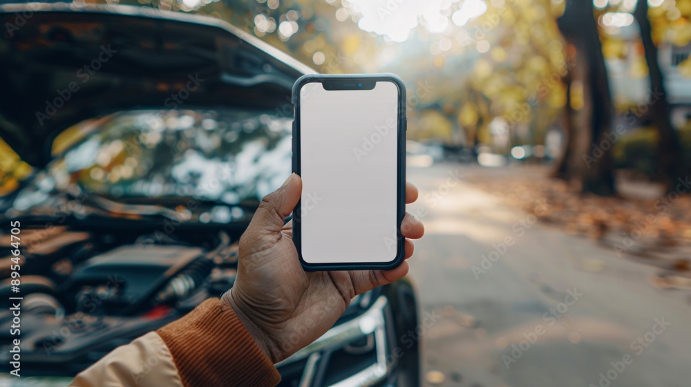 Poster pov image of a hand holding a mobile phone with a blank white screen near an open car hood showing e