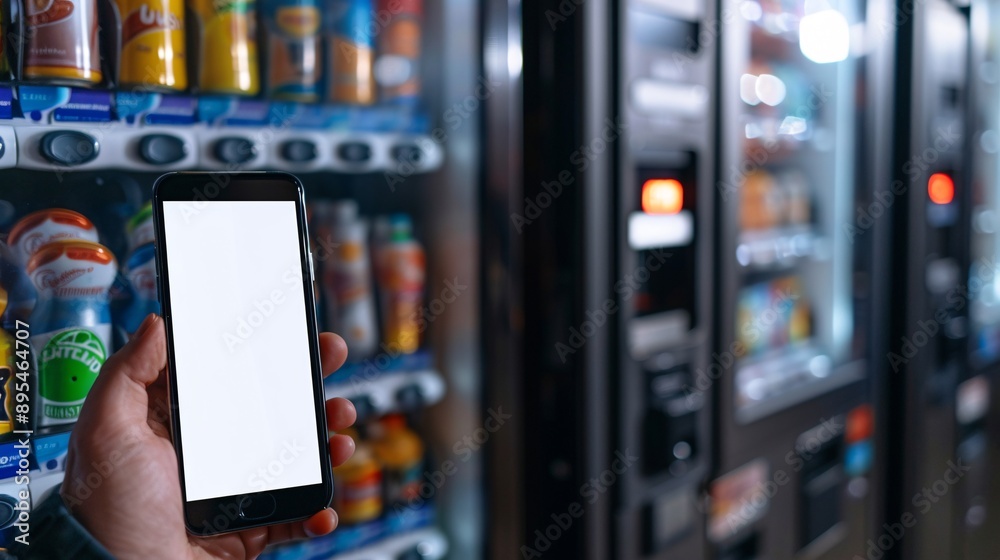 Aufkleber Realistic POV shot showing a hand holding a mobile phone with a blank white screen near the selection buttons of a vending machine Stock Photo with copy space