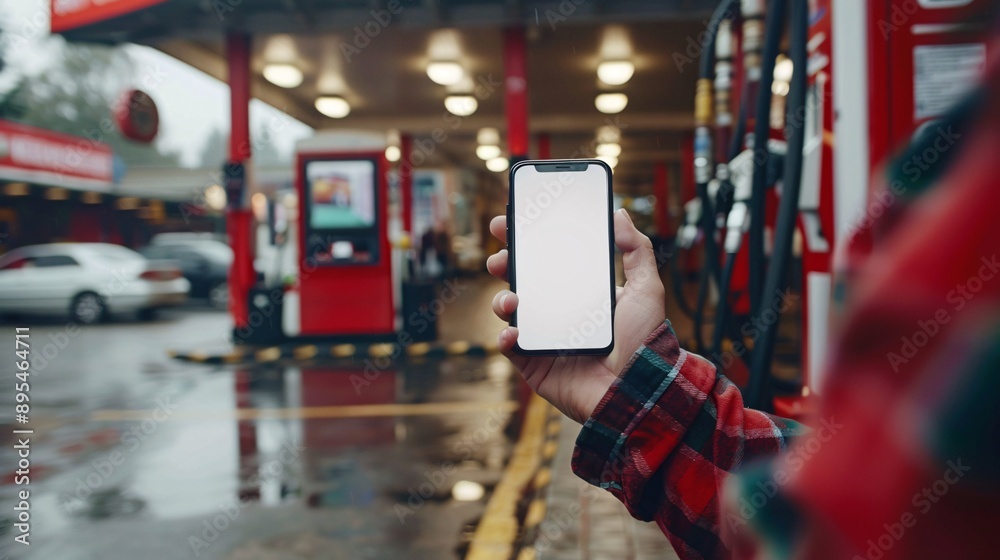 Poster pov image of a hand holding a mobile phone with a blank white screen near a gas pump at a gas statio