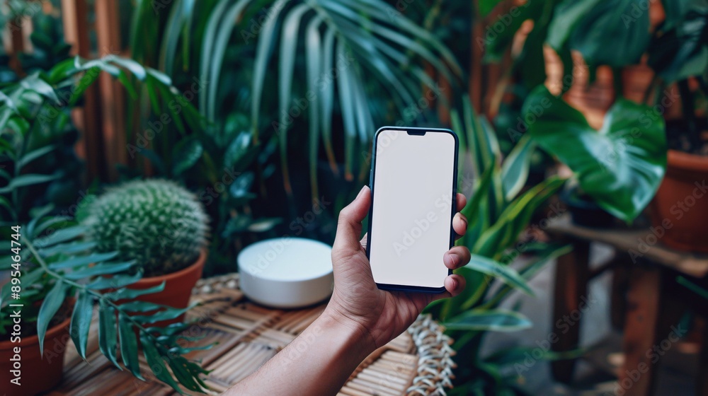 Aufkleber realistic pov shot showing a hand holding a mobile phone with a blank white screen near a smart home